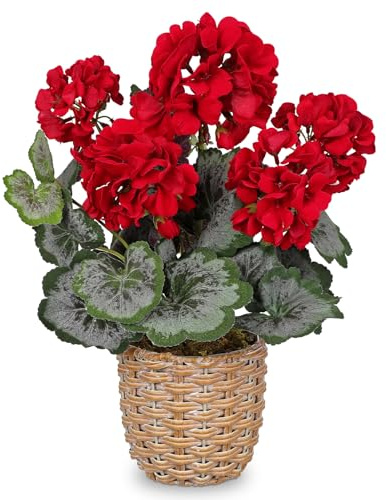 Arborus 37cm Artificial Red Geraniums Plant in Woven Pot Realistic Silk Flowers in Rustic Basket Indoor Outdoor Faux Potted Plant Artificial Flower Arrangement for Home Balcony Table Living Room Décor