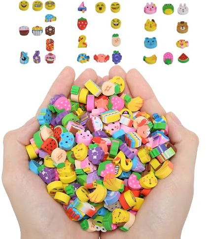 CharmeFleur 300 Stück Mini süße Radiergummis für Kinder, lustige Früchte Tiere Zahlen Kuchen Lächelnde Gesichter Assortiment Neuheiten Radiergummis für Schülerpreise Hausaufgabenbelohnungen