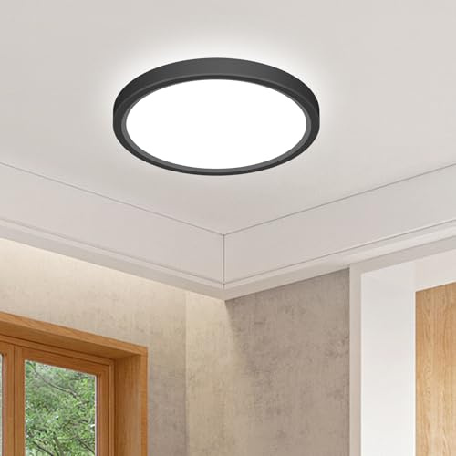 slochi LED Deckenleuchte, 3 Farben Deckenlampe 3000K/4000K/6500K | Rund Flach Klein Badezimmer Lampe Wasserfest, 16CM 12W Schwarz Badlampe Decke für Küche Flur Keller Bad Schlafzimmer