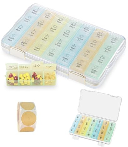 Tablettenbox 7 Tage Morgens Abends,Handlicher Medikamentenbox Pillendose,Tablettenbox 7 Tage 4 Fächer Morgens Mittags Abends Nachts,Abnehmbar Pillendose für unterwegs,Medikamente,Vitamine,Fischöl