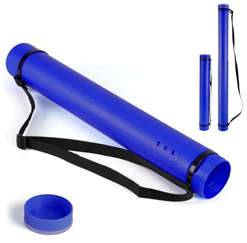 DEWEL Expandable Poster Tube 63-107cm, Telescopic Document Tube with Strap | Waterproof Plastic Drawing Tube Adjustable Art Storage Tube for Blueprints, Maps, Artwork, Documents, Flip Chart (Dark Blue)