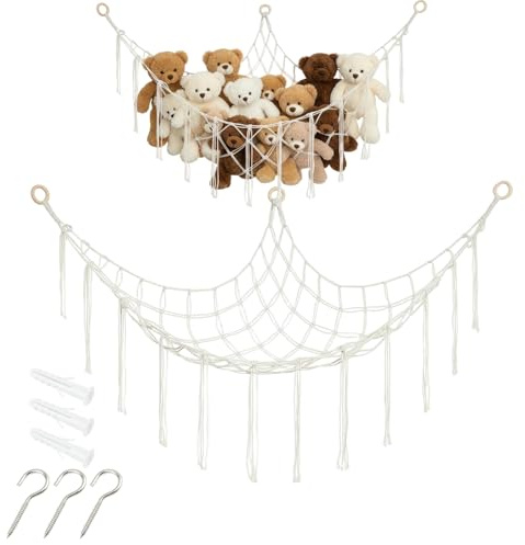 Teddy Hammock, Soft Toy Hammock with Wooden Ring - Large Toy Storage Net for Stuffed Animals, Durable Cotton Mesh Organiser for Cuddly Toys