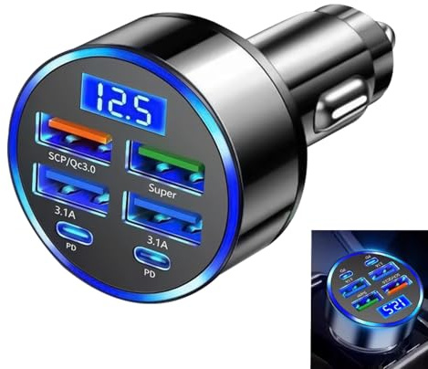 6 in 1 12V/24V Car Charger Fast Charge for IPhone, 300W Super Fast 30Minute | Adapter Car Cigarette Lighter Socket with USB And Type-C for Ipad, Android, Multiple Charging Protections for Safer Driving