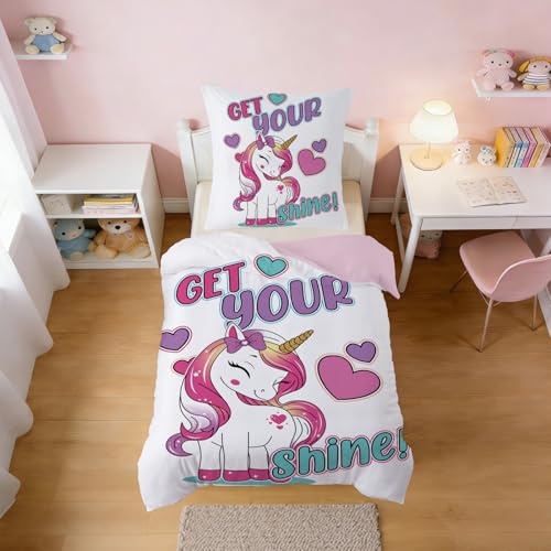Snugoria Bettwäsche 135x200 für Kinder Mädchen, Rosa Einhorn Motiv Kinderbettwäsche mit Reißverschluss, Weich Mikrofaser 2-teiligs Bettbezug und 1 Kissenbezug 80X80cm