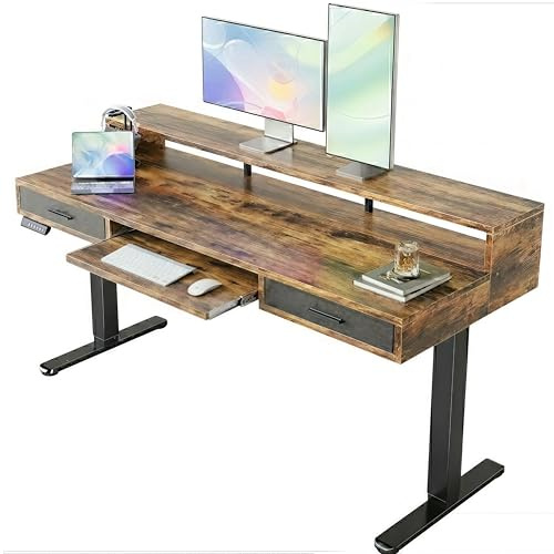 HUANUO 140 x 66cm Standing Desk with Drawers & 64cm Large Keyboard Tray, Electric Standing Desk with 4 Memory Height Settings for Home Office, Stand Up Desk Compatible with C-Clamp Mount, Vintage