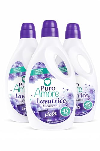 Puro Amore detersivo liquido lavatrice viola igienizzante – profumo intenso e duraturo – ideale per bianchi e colorati – 45 lavaggi per bottiglia – formato convenienza 3 o 6 bottiglie (3)