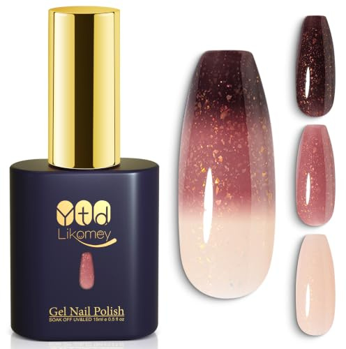 YTD Likomey Iridescent Flakes Color Changing Gel Nail Polish,Triple Thermal 15ml Caramel Nude-Rose Pink-Burgundy Temperature Mood Sparkly Glitter Ombre Gradient UV Nail Gel,WB625