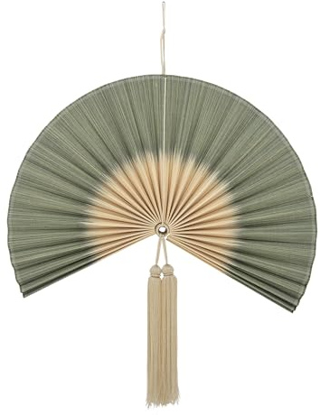 Bloomingville JAIME Wanddeko Grün - Deko Bambus Wanddeko mit grünen Falten, Beige Mitte und Quaste, L 75 x H 70 cm, inklusive Aufhängeschlaufe