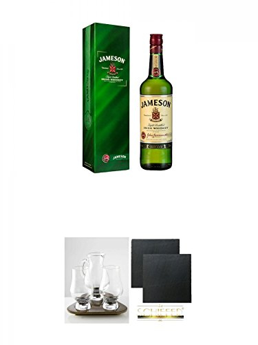 Jameson Irish Whiskey 0,7 Liter + The Glencairn Whisky Glass Stölzle 2 Whiskygläser + edlem Tablett aus Holz + Wasserkrug + Schiefer Glasuntersetzer eckig ca. 9,5 cm Ø 2 Stück