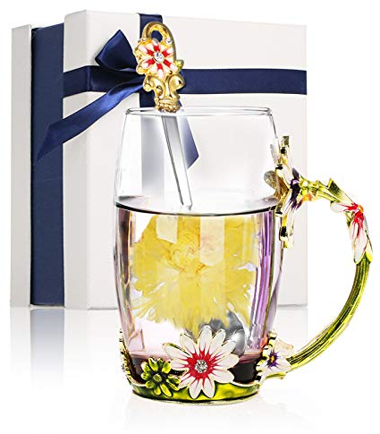 Decdeal Enamel Glass Mug, Flower Tea Cup Lead-Free Coffee Mug with Spoon&Cleaning Cloth&Gift Box,Gifts for Mum,Wife,Girl,Teacher on Birthday,Valentine's Day,Mother's Day,Wedding Anniversary,Christmas