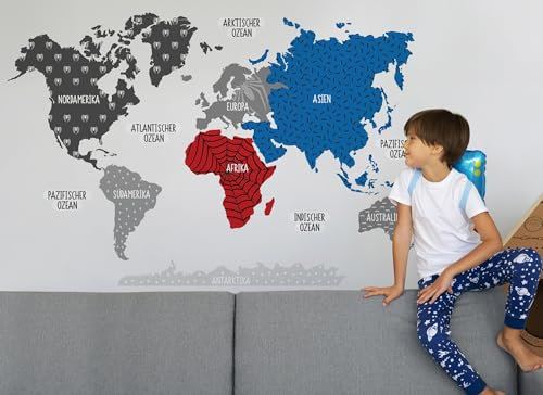 Osomhome Wandtattoo Weltkarte Superheld Pastellfarben (80x120cm) | World Map Wall Decoration Wandsticker | Deco Kinderzimmer Junge & Mädchen | Wandaufkleber Wandbild Kinderbilder Wandtattoo os5066