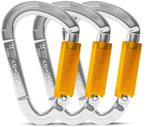 Karabiner Klettern Kletterausrüstung,3 Stück UIAA-Zertifiziert 25KN Auto Locking Kletterkarabiner Clips für Hängematten, Schaukel, Locking Hundele