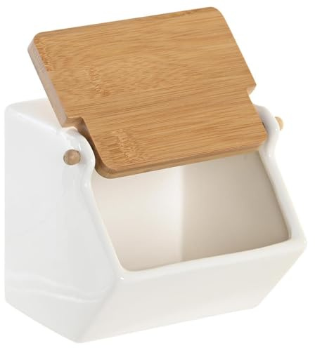 Space Home - Portaspezie - Saliera con Coperchio in Legno - Zuccheriera - Contenitore per Condimento in Ceramica - Bianco