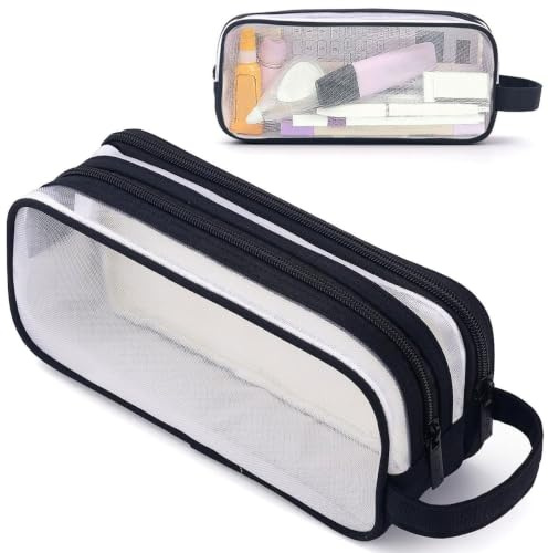 Federmäppchen Durchsichtig Große, Schwarz Durchsichtig Mäppchen 2 Fächer, Transparent Federmappe mit Reißverschluss Tragegriff, Schlamppermäppche Stiftetasche Pencil Case Etui Schule für Schule & Büro