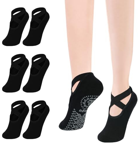 flintronic Rutschfeste Yoga-Socken für Damen, rutschfeste Socken für Damen, Yoga-Socken mit Gurt, für Yoga, Pilates, Ballett, Tanzen, Barfuß, Fitness, #4 3 Paare, S