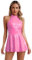 Jugaoge Damen Glänzend Kleider in Lack Leder Optik Neckholder Rückenfrei Minikleid mit Plissee Rock Sommer Sexy Gogo Outfits Clubwear Rosa S