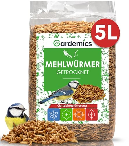 Gardemics Mehlwürmer getrocknet 5 Liter - 800g - Premium Insektenfutter für Vögel, Fische, Schildkröten, Nager, Igel, Reptilien, Vogelfutter Mehlwürmer getrocknet