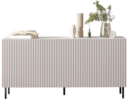 Mirjan24 Kommode Arypot 3D mit 3 Türen, gefräster Front, Griffloses System, Metallfüße, Highboard, Anrichte, Sideboard, Mehrzweckschrank, Wohnzimmerschrank (Cashmere)