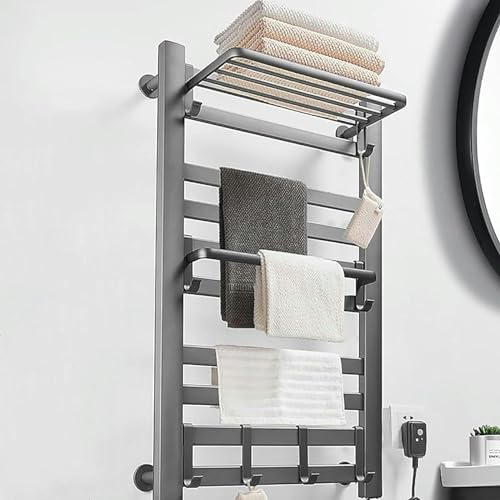 FLTRGO Heizkörperstrecke Erhitzte Handtuchplan -Badezimmerpaneel, Moderne Zentralheizung, 8 Hakenwandmontagetreppen Und Temperatureinstellungen 10 Stufen Für Handtücher Badetücher, Graysand