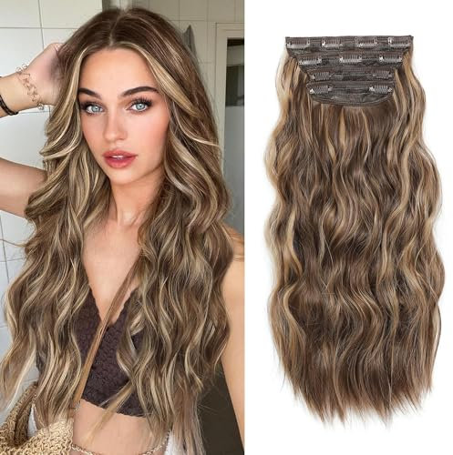 Fine Plus Hair Extensions Clip in 4PCS Light Brown Mix Honey Blonde 20Inch Hair Extension Long Wavy Full Head Clip in Hair Extensions Synthetic Fiber Hair Pieces for Women
