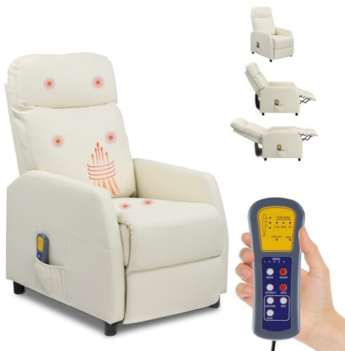 LEADZM Fauteuil Inclinable avec Massage Électrique, Chauffage et Dossier Basculant à Commande Manuelle, Fauteuil TV pour Chambre à Coucher, Salon et Home Cinéma (PU, Blanc Crème)