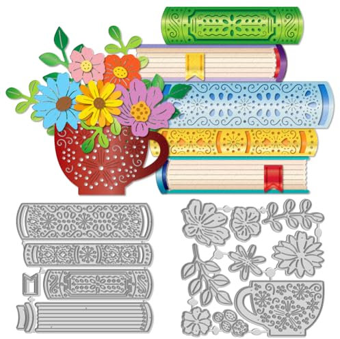 WADORN 2 x Stanzform Mit Blumen Tassen Und Büchern Zur Kartengestaltung. Metall Stanzschablonen Mit Teetasse Und Blume Genähte Bücher Scrapbooking Dekorative Prägeschablone Für Fotoalbum Karten