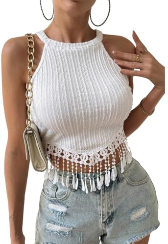 Hanaoops Debardeur Femme sans Manches Crop Top Chic et Élégant Été Hauts Col Rond Court Camisole Casual Slim Fit Cami Tank Top Côtelé Tricot Chemises Y2K Gilet