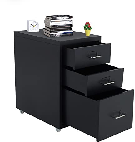 Warmiehomy 3 Drawer Filing Cabinet, Small Cabinet Office Drawers on Wheel, Mobile Under Desk Drawers with Storage Metal Document Storage for Home Office,Black