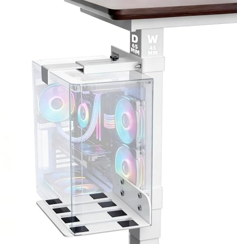 PC Halterung Unter Schreibtisch,Gilt für Tischbeine mit 65 Mm X 45 Mm | Montage Ohne Bohren, Breite Und Höhe Verstellbar,Passend für Die Meisten Computergehäuse,19 Kg Kapazität,Weiß