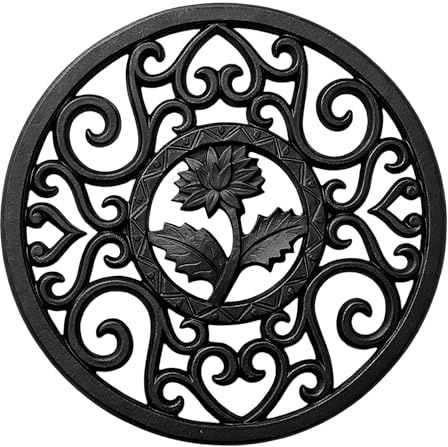 13cm Round Cast Iron Trivet Tea Pot Carved Stand for Kitchen Worktops for Hot Pans, Delicate Vintage Pattern, Heat-Insulation Ironwork Mat Metal Coasters, with Peg Feet, Protect Desktop, Dining Decor