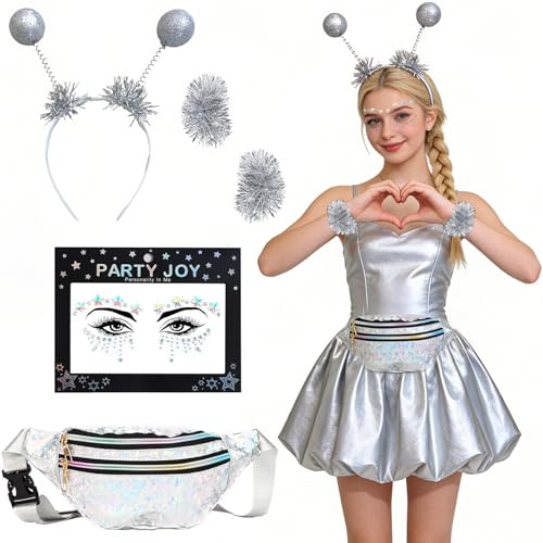 MINGJAY Alien Kostüm Set,4 Stück Alien Kostüm Damen,Aliens Haarreif,Aliens Kostüm Zubehör,Mode Wasserdicht Gürteltasche,Glitter Aliene Accessoires,für Halloween Karneval Maskerade