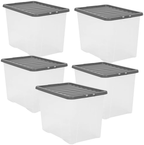 Easy Shopping® 5 x Extra Large 80L 80 Litres Clear Plastic Storage Box with Black Lid, Strong Stackable Storage Container Box Home, Office, Kitchen, Made In U.K. (5)
