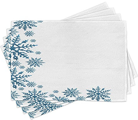 Lunarable Schneeflocke Tischsets 4er Set, Schnee inspiriert Abstrakte Eiskönigin Jahreszeit Rahmen Muster Weihnachtsfeier, Waschbare Stoff Platzsets für Esszimmer Küche Tischdekoration, Blau Weiß
