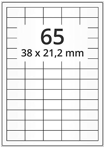 Laserdrucker Etiketten auf A4 Bogen, weiß - 38 x 21,2 mm - 6.500 Papier Aufkleber auf 100 Blatt, ablösbare Universal Klebe-Etiketten, matt