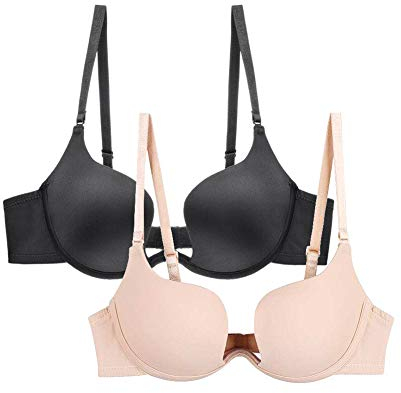 Nanier Damen Deep U Push Up Multiway Convertible Plunge BH Unterwäsche Schwarz+Aprikosen 80D