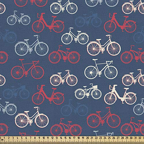 ABAKUHAUS Fahrrad Gewebe als Meterware, Fahrrad-Skizzen auf Blau, Schön Gewebten Stoff für Polster und Wohnaccessoires, 1M (148x100cm), Dunkler Himmelsblau Rot