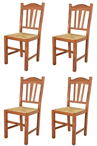 Tommychairs - Set 4 sillas Silvana para Cocina y Comedor, Estructura en Madera de Haya Color Cerezo y Asiento en Paja