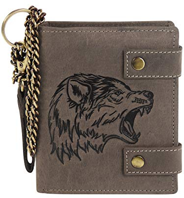 Harrys-Collection Herren Geldbörse mit Wolf Motiv aus hochwertigem Leder + RFID mit Kette Vintage Look, Farben:Dunkelbraun