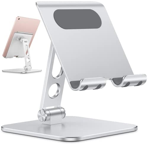 OMOTON Support Tablette Réglable Amélioré Support Pliable de Base Lourde en Aluminium, Dock Robuste à Design du Trou pour iPad Mini Pro Air et Téléphones, pour Les Appreils(3.5-13 Pouces), Argenté