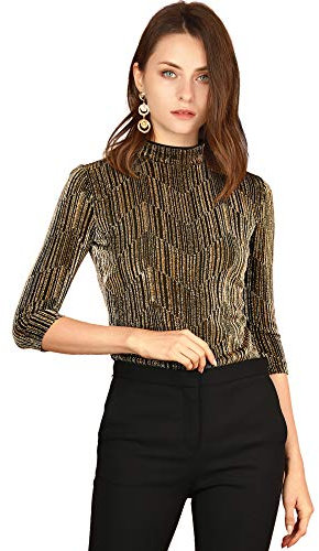 Allegra K Damen Glitzer Shirt Langarm Stehkragen Metallic Streifen Pailletten Pullover Oberteile Bluse Gold Schwarz XL