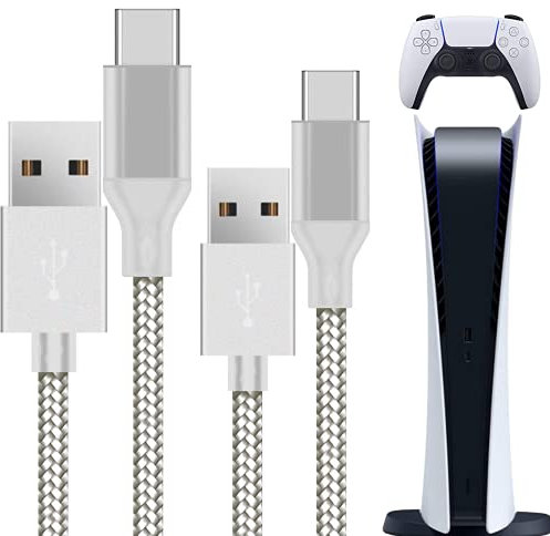 Primicity PS5 Controller Charger Cable 2 Pack-PS5 Charging Cable (3M Extra Long) for DualSense Controller - (10FT) USB to USB-C Ps5 Charger Wire - Silver Nylon Braided - UK Seller
