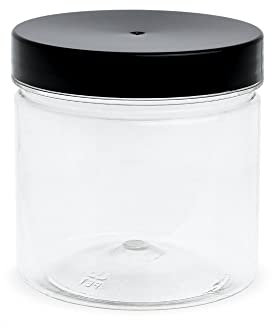 STACKABLES 12 Pack Small Round Plastic Jam Jars with Lids – Refillable Mini Clear Storage Containers with Airtight Black Lids for Kitchen use, Preserve Pots, Dry Foods, Sweets, Spices & More.