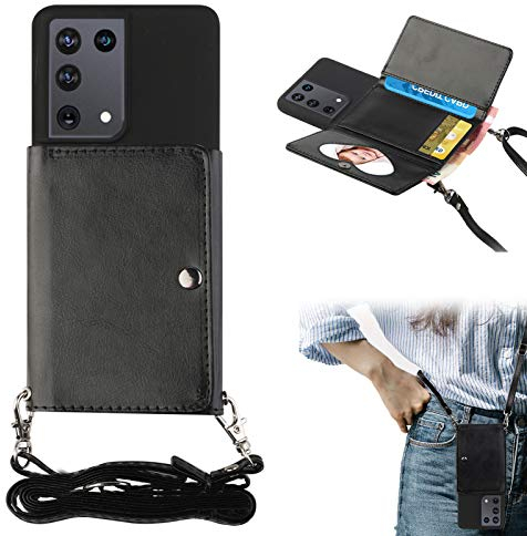 Shinyzone Hülle für Samsung Galaxy S22 Ultra 5G mit Band und Kartenhalter,Verstellbar PU Leder Handykette Schultergurt/Halsketten,Frauen Mädchen Männer Silikonhülle mit Kordel zum Umhängen,Schwarz