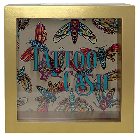 Spardose Sparbüchse 3D-Bilderrahmen mit transparenter Frontscheibe, Geschenk Sparschwein, Verpackung für Geldgeschenk (Tattoo Cash - Gold, Rechteckig)