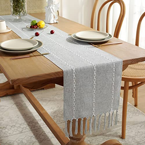 Tischläufer Boho Vintag Beige Tischläufer mit Quasten Modernes Leinen Table Runner für Hochzeit Rustikales Zuhause Bauernhaus Modern Tabletop Dekor, 183x33cm (Grau)