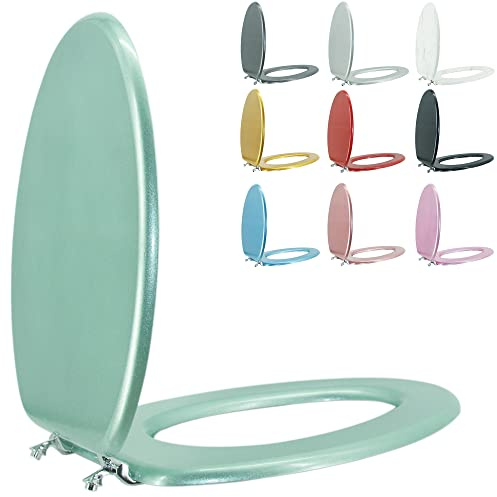 BLOFDE Elongated Toilet Seat Wood Toilet Seat Prevent Shifting with Zinc Alloy Hinges American Standard Size Toilet Seat Easy to Install also Easy to Clean(Elongated,Sparkling Turquoise)
