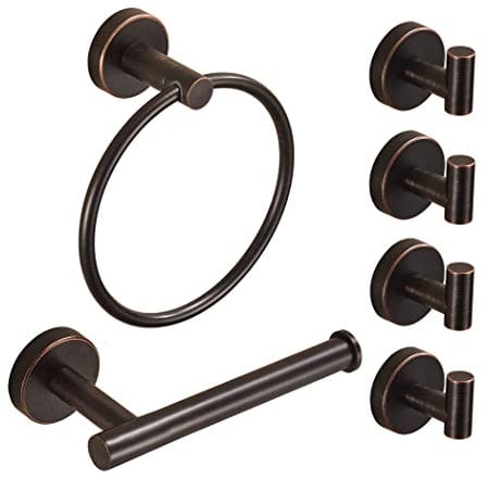 Bronze Toilet Paper Holder Towel Holder Towel Hooks,Oil Rubbed Toilet Paper Roll Holder Towel Ring Bathroom Hardware Set,Wall Mounted Rustic Farmhouse Rustproof Stainless Steel Bath Accessories 6PC