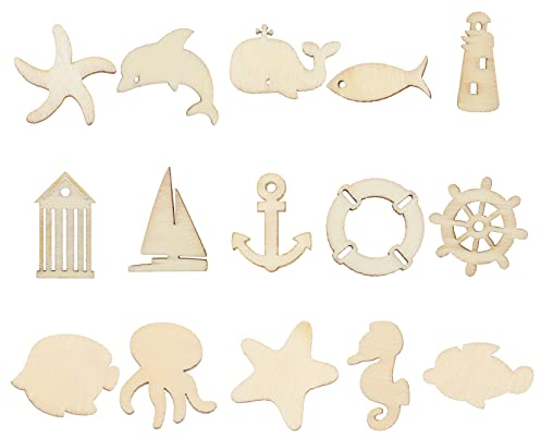 Set di 100 stampi in legno per fai da te, motivo: stelle marine, cavallucci marini, dischi decorativi in legno per scrapbooking fai da te