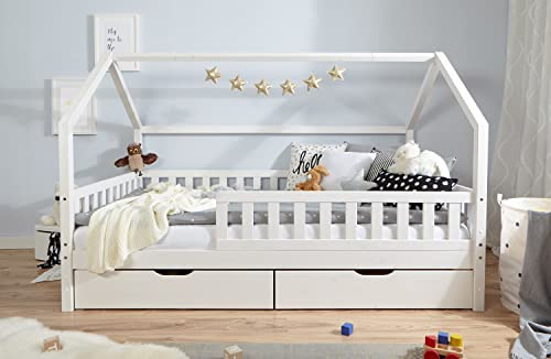TiCAA Kinderbett Hausbett Kay 100x200 inkl. Schubkästen Kiefer weiß