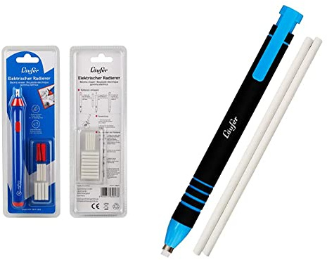 Läufer 69607 Elektrischer Radiergummi, inkl. 23 Radierer & 69545 Radierstift blau, inkl. 2 Ersatzradierer, nachfüllbarer Radiergummi, sehr präzise, Blisterkarte enthält 1 Radierstift&2 Ersatzradierer